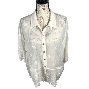 Vintage Moorcroft Collection Sz XL Blouse Ivory Silk Embroidery Floral Button Up
